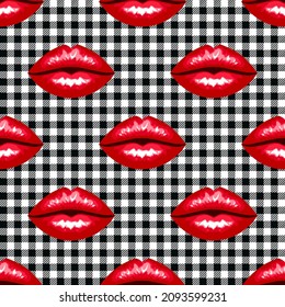 
Bright red lips on a black and white buffalo check  plaid. Vector seamless pattern. Kissing background design.
