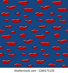 Bright, red lips on a blue background, vector pattern for surfaces and textiles.