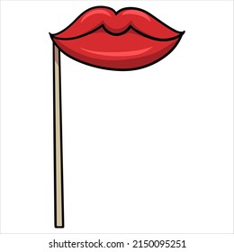 Bright red lips on a stick for a photo shoot, vector cartoon illustration on a white background