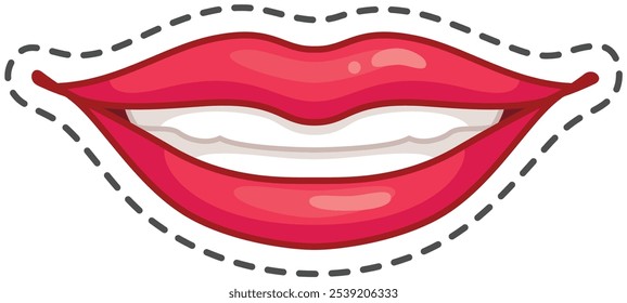Hellrote Lippen mit weißen Zähnen, die gegen gestrichelte Linien lächeln und Schönheit und Sorgfalt ausstrahlen. Perfekt für Kosmetik- oder Dentaldesigns