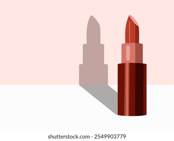 Batom vermelho brilhante em uma parede rosa. Elegante e ousado acessório de beleza. Ilustração vetorial com estilo para visuais cosméticos.