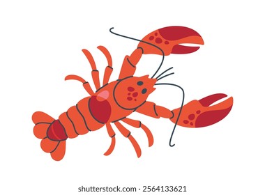 Bright red lobster with detailed claws, spots, and long antennae, isolated on a white background, perfect for seafood, marine, and culinary concepts. Flat cartoon vector illustration