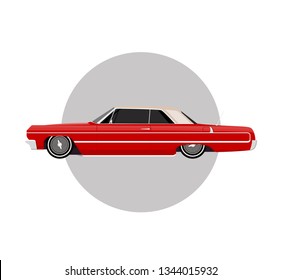 Bright Red Lowrider On Gray Round Background, Vintage Retro Car, Flat Vector Illustration