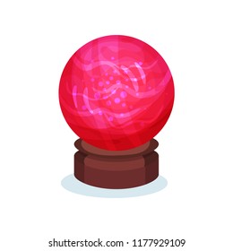 Bright red magic sphere with pink glowing inside. Big glass ball on brown wooden stand. Flat vector element for mobile game