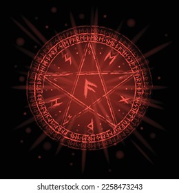 Bright red magic symbol with triangles and viking runes isolated on white background. Circle shining occult sign. Alchemy spell graphic mage star. Astrology sacred geometric icon