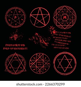 Bright red magic symbol with triangles and viking runes isolated on white background. Circle shining occult sign. Alchemy spell graphic mage star. Astrology sacred geometric icon