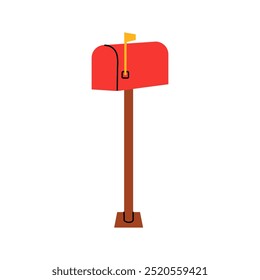 Bright red mailbox on a simple wooden post in a residential area during daylight hours