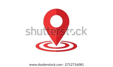 A bright red map marker icon with a white circle inside, placed on top of three red concentric circles on a white background.