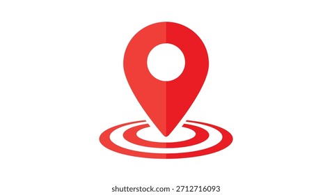 Um marcador de pino vermelho brilhante com um círculo interno branco, colocado sobre três círculos concêntricos vermelhos, simbolizando um local ou destino.