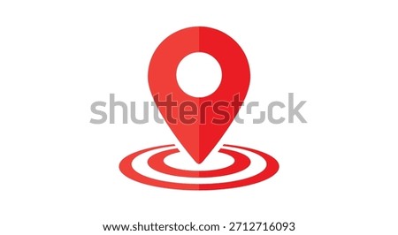 A bright red map pin marker with a white inner circle, placed on top of three red concentric circles, symbolizing a location or destination.