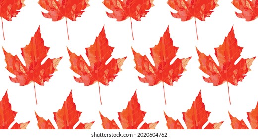 Bright red maple leaf watercolor texture seamless pattern. Vector autumn fall background. Backdrop for Thanksgiving, Halloween, back to school banner, poster, textile, fabric, greeting card