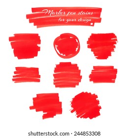 Bright Red Marker Pen Spots And Lines Isolated On A White Background For Your Design. Vector Illustration.