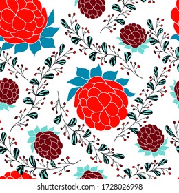Bright red and maroon berries on a white background. Vector seamless pattern. Design for cloth, print, card, wrapping, wallpaper.