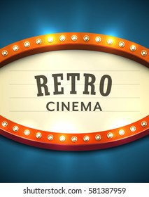 Bright red marquee with light bulbs on dark background. Vector retro electric sign with copyspace inside the frame. Retro Cinema sample text. Cool for casino, cinema, disco or party advertisement.