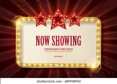 Bright red marquee with light bulbs with three stars on dark background. Very Cool for casino, cinema, disco or party advertisement. Vector illustration