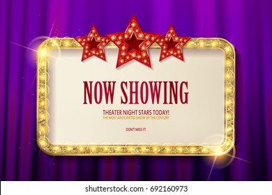 Bright red marquee with light bulbs with three stars on dark background. Very Cool for casino, cinema, disco or party advertisement. Vector illustration