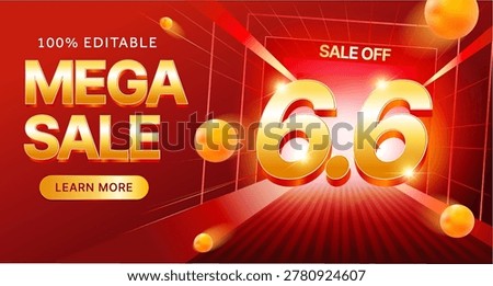 Bright red mega sale banner with glowing 6.6 discount offer, golden typography, and modern retail promotion elements for shopping campaigns and seasonal marketing.