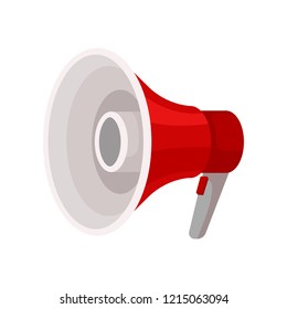 Bright red megaphone with handle and button. Device for voice amplification. Horn speaker. Flat vector icon