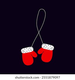 Bright red mittens hanging together with a simple design against a dark background