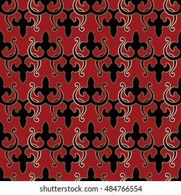 Bright red   modern elegant floral  vector seamless pattern background wallpaper illustration with vintage stylish decorative baroque damask gold and black  ornaments with shadow and highlight 
