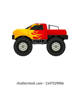 Bright red monster truck with yellow flame decal. Heave car with large tires and black tinted windows. Flat vector icon