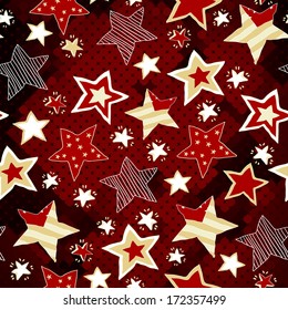 Bright red mosaic pattern with stars. Hand drawing. Red Star to your holiday. Christmas red stars background