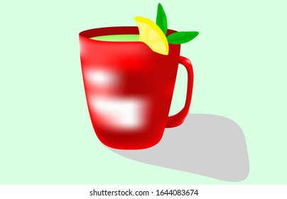 bright red mug with green tea, a slice of lemon and a leaf of mint, casts a shadow, on a white background