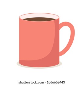 A bright red mug of regular shape with a hot brown drink inside. Drinking tool with handle. Vessel for various liquids, filled with hot coffee vector illustration isolated on white background
