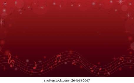 Quadro musical vermelho brilhante. Fundo de gradiente musical com notas fluindo e símbolos para capas de álbuns, banners, folhetos, anúncios, karaokê, cartões, certificados