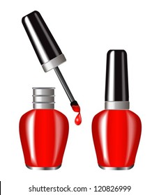 bright red nail polish in a brilliant flakone.Butylka displayed in the open and closed form.A drop of paint dripping from brush