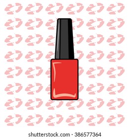 bright red nail polish in a brilliant bottle  backgraund lips