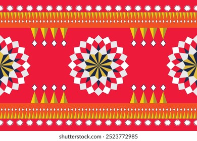 Padrão gráfico nativo vermelho brilhante Consiste em um padrão floral geométrico e um padrão triangular amarelo e branco em um fundo vermelho. Design arrojado e colorido Adequado para projetar padrões nativos