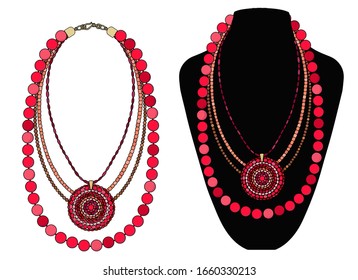 Bright red necklace with a large round pendant. Vector