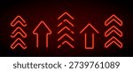 Bright red neon up arrow element. Glowing led upward direction sign. Shine tube lamps in arrowhead shape. Luminous fluorescent rise symbol for banner, poster, logo. Vector neon led light illustration
