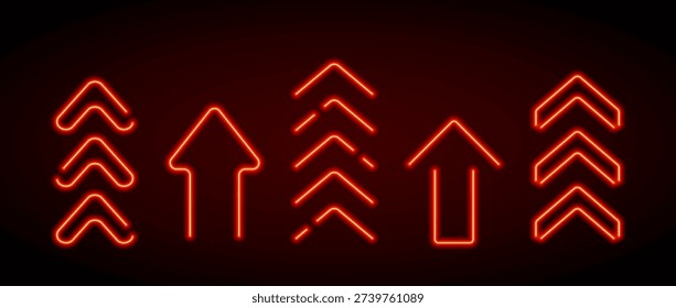 Bright red neon up arrow element. Glowing led upward direction sign. Shine tube lamps in arrowhead shape. Luminous fluorescent rise symbol for banner, poster, logo. Vector neon led light illustration