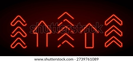 Bright red neon up arrow element. Glowing led upward direction sign. Shine tube lamps in arrowhead shape. Luminous fluorescent rise symbol for banner, poster, logo. Vector neon led light illustration