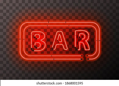 Bright red neon BAR sign with rectangle frame on transparent background