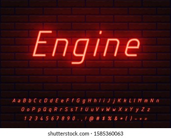 bright red neon font set technical style with transparent glow