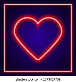 Bright red neon heart with square neon frame around . Heart sign on a dark blue background. The effect of neon glow. Vector