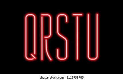 Bright red neon letters on a black background. Letters Q, R, S, T, U for night club or night show design.  