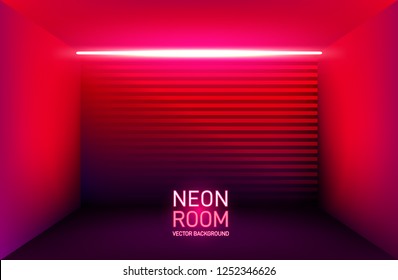 Bright Red Neon Room With Neon Lights. Retro 80s Backdrop With Colorful Pink Walls. Vector Illustration For Your Graphic Design.