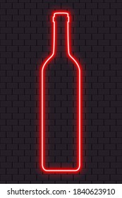 Bright red neon wine bottle for banner or sign isolated on a dark brick wall.