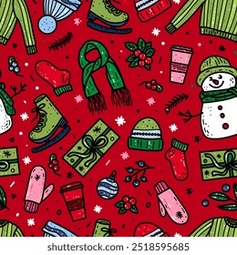 Bright red New Year and Christmas vector seamless pattern with coffee, mittens, snowman, gift for printing, design, sale, banner