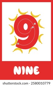 Bright red number nine surrounded by yellow bananas for educational visual and teaching activities. Handwriting training. Educational cards for children.