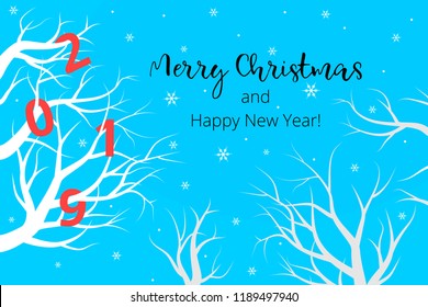 Bright red numbers on a white tree, a winter New Year s background. Congratulation happy New Year and Christmas
