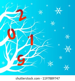 Bright red numbers on a white tree, a winter New Year s background