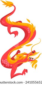 Bright red and orange fiery dragon illustration in a dynamic pose. Asian mythical creature design in vibrant colors. Chinese New Year symbol vector illustration.