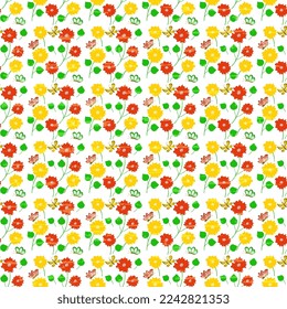 Bright red and orange flowers and butterflies on a white background with an old vintage texture. Seamless vector pattern. Cover design, packaging, fabric.