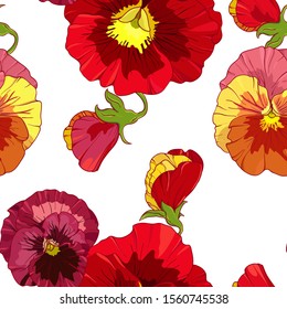 Bright red and orange flowers of pansy . Seamless vector pattern. Hand drawing vector illustration.