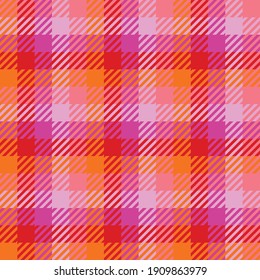 Bright red, orange, pink plaid check. Seamless vector pattern. Blurred sunset colours. Suitable for fashion or interiors.